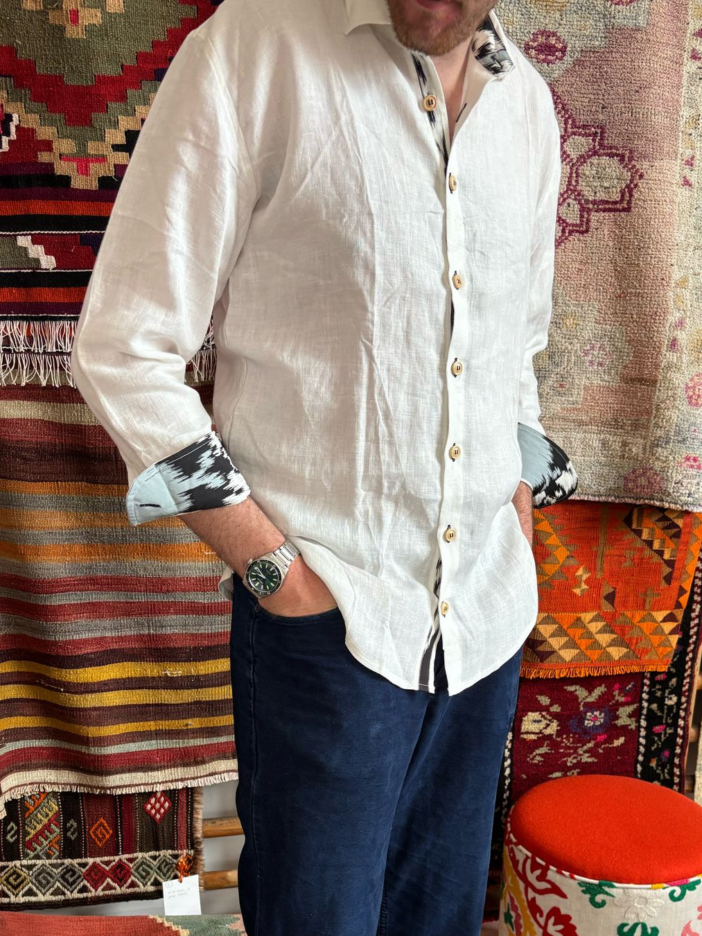 Linen and Ikat Shirt - Grey Blue Cotton Ikat