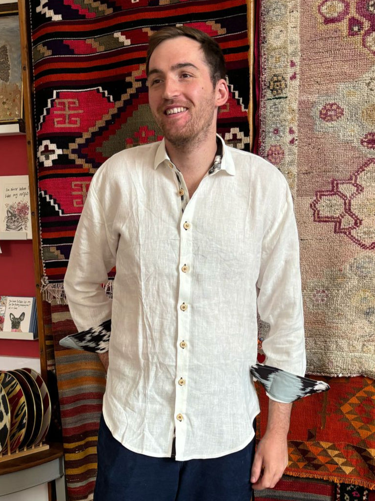 Linen and Ikat Shirt - Grey Blue Cotton Ikat