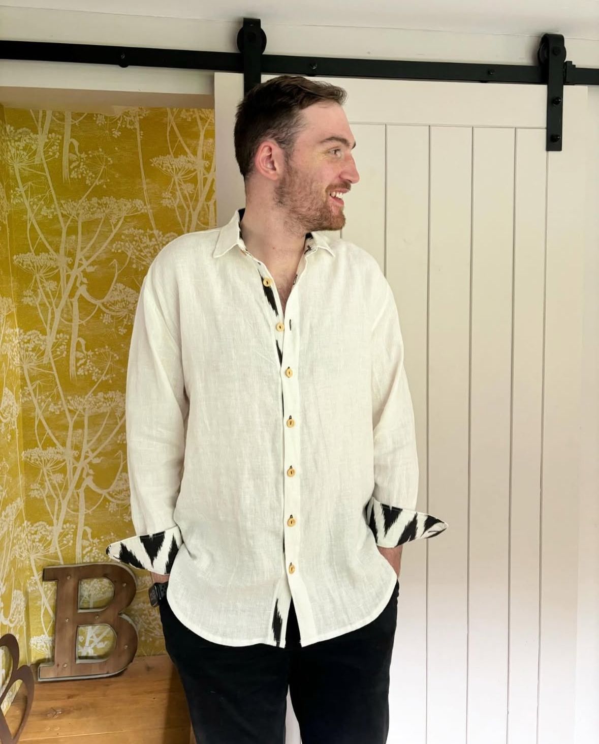 Linen & Ikat Shirt - Black & White Zig Zag Cotton Ikat