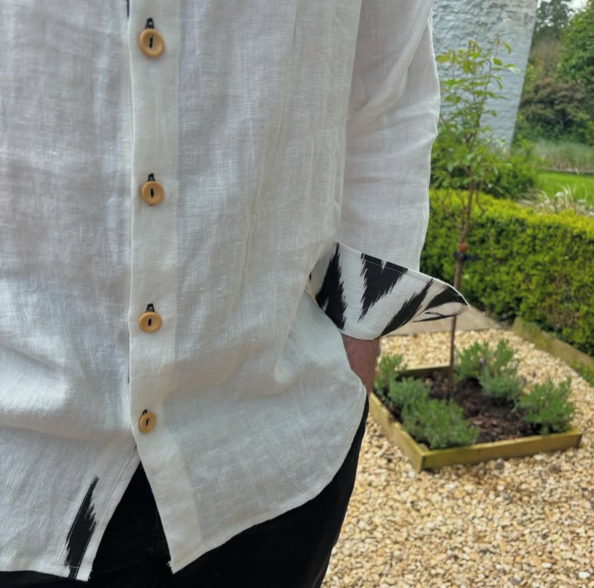 Linen & Ikat Shirt - Black & White Zig Zag Cotton Ikat