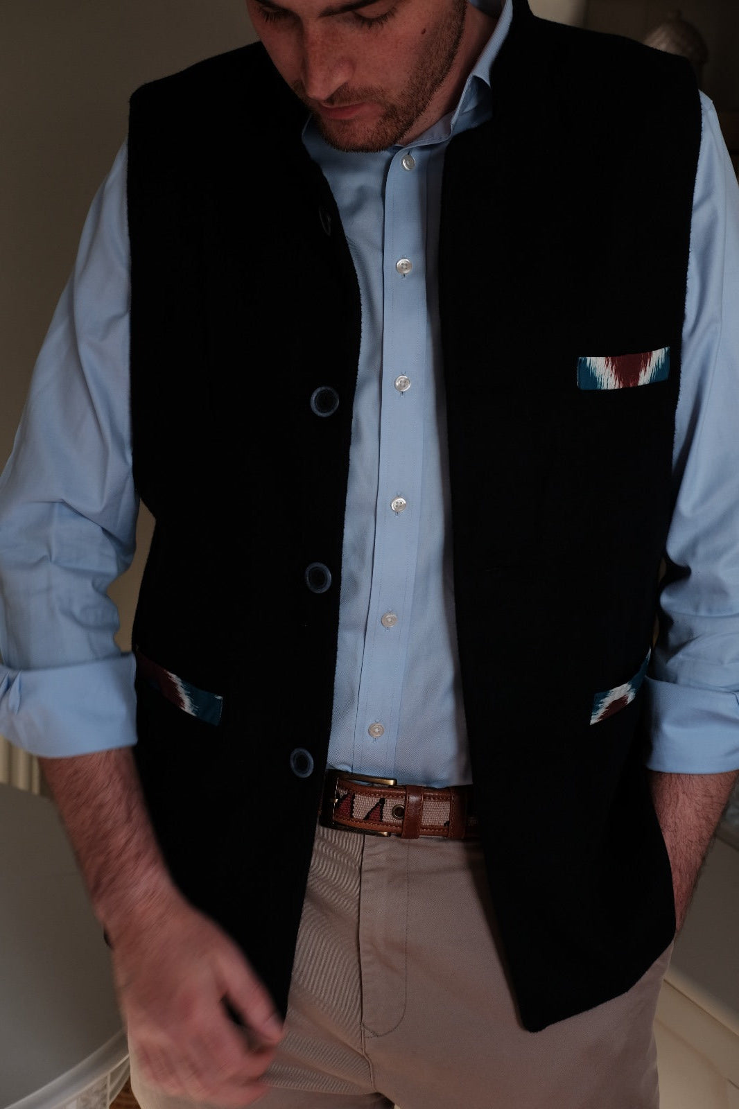 Navy Nehru Waistcoat with Blue & Maroon Cotton Ikat