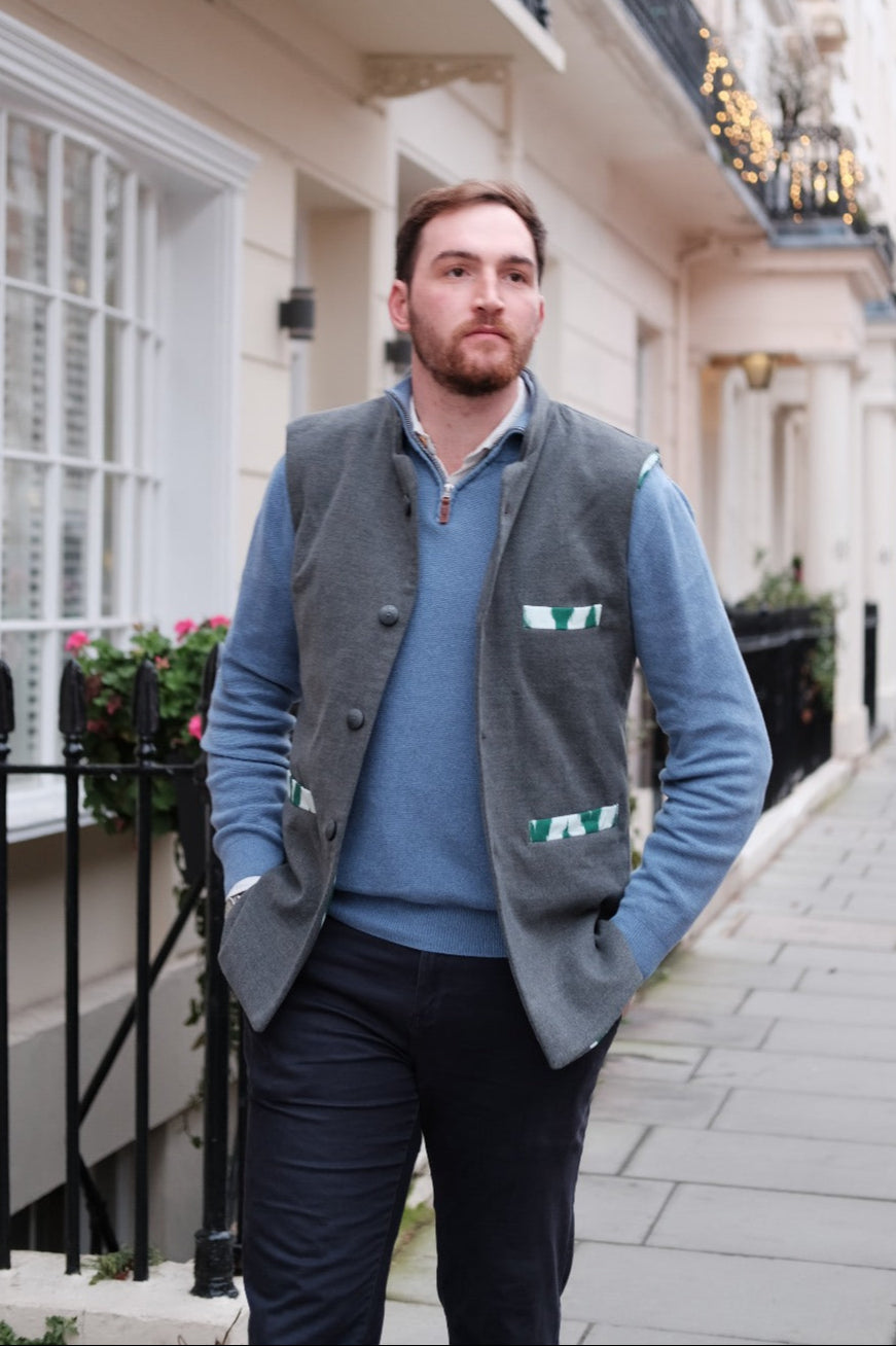Navy Grey Waistcoat with Green Zig Zag Cotton Ikat