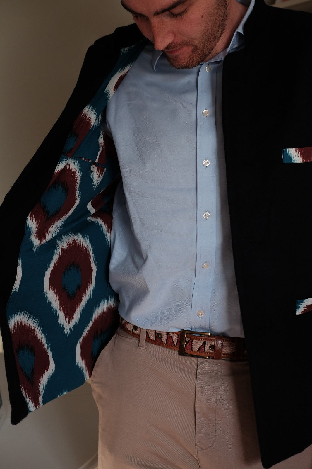 Navy Nehru Waistcoat with Blue & Maroon Cotton Ikat