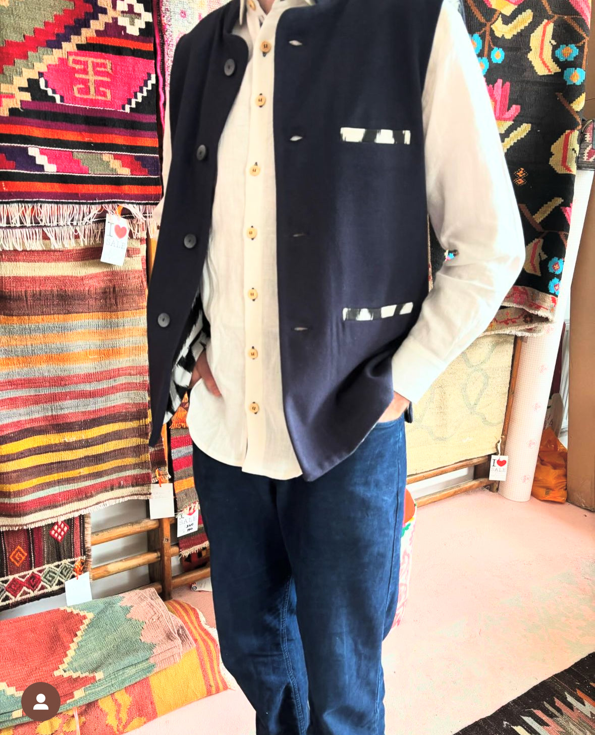 Navy Nehru Waistcoat with Black & White Zig Zag Cotton Ikat