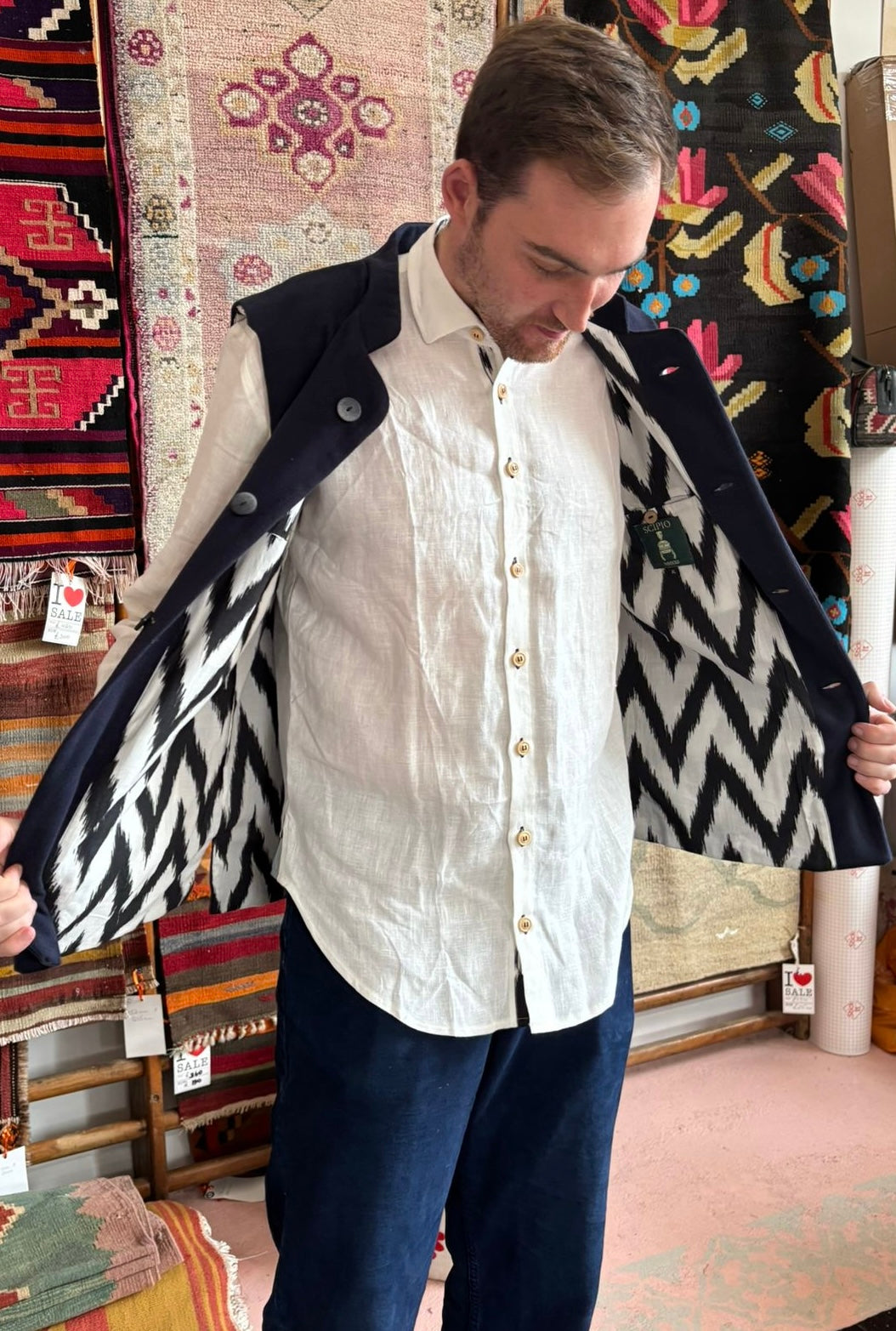 Navy Nehru Waistcoat with Black & White Zig Zag Cotton Ikat