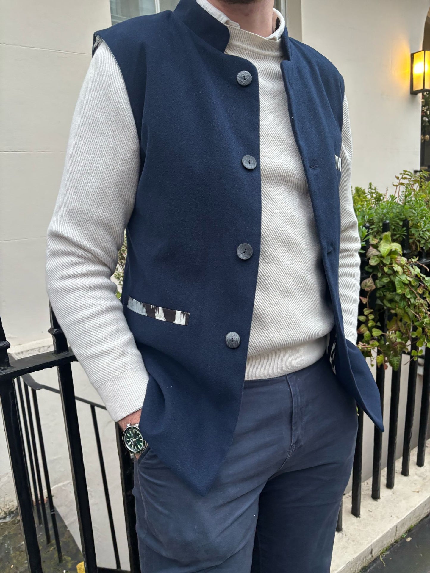 Navy Waistcoat with Grey Blue Cotton Ikat