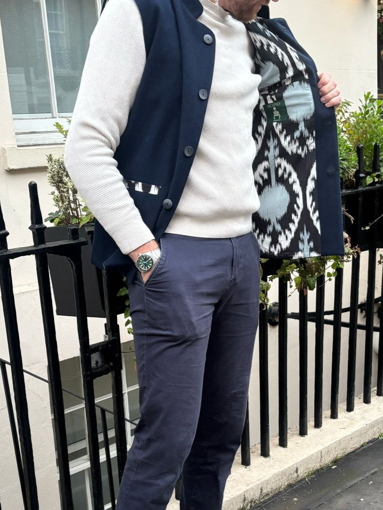Navy Waistcoat with Grey Blue Cotton Ikat