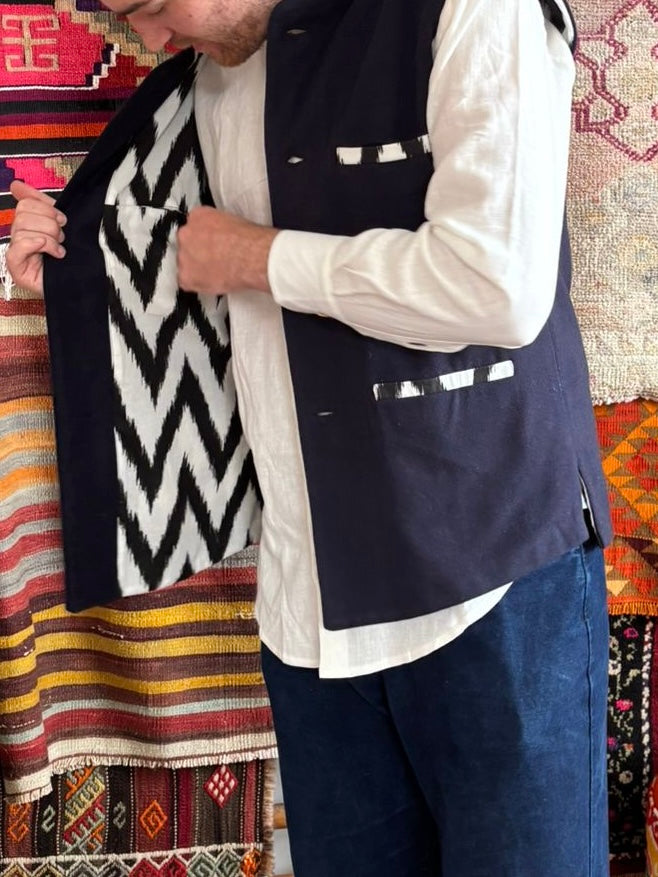 Navy Nehru Waistcoat with Black & White Zig Zag Cotton Ikat