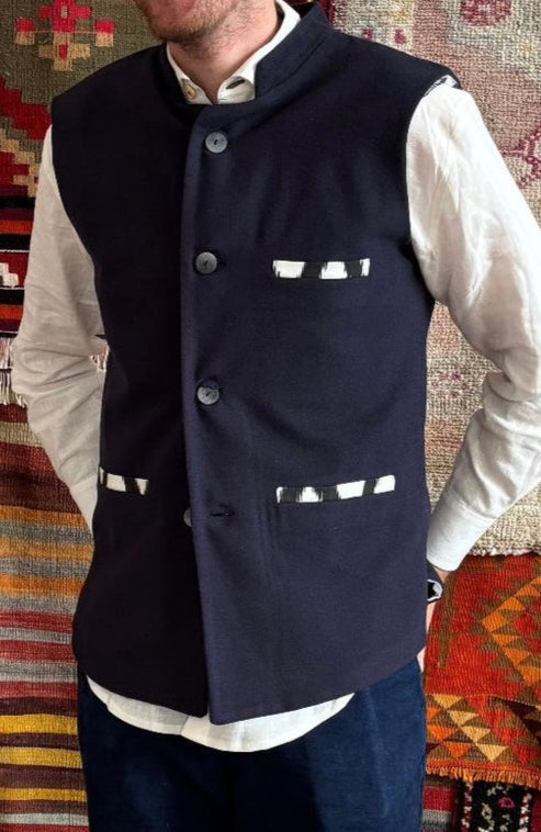 Navy Nehru Waistcoat with Black & White Zig Zag Cotton Ikat